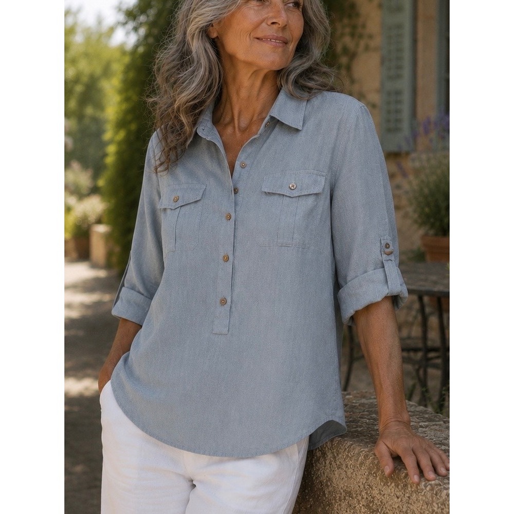 Soft Surroundings Womens Linen Tunic Light Blue‎ PXL Roll Tab Sleeve